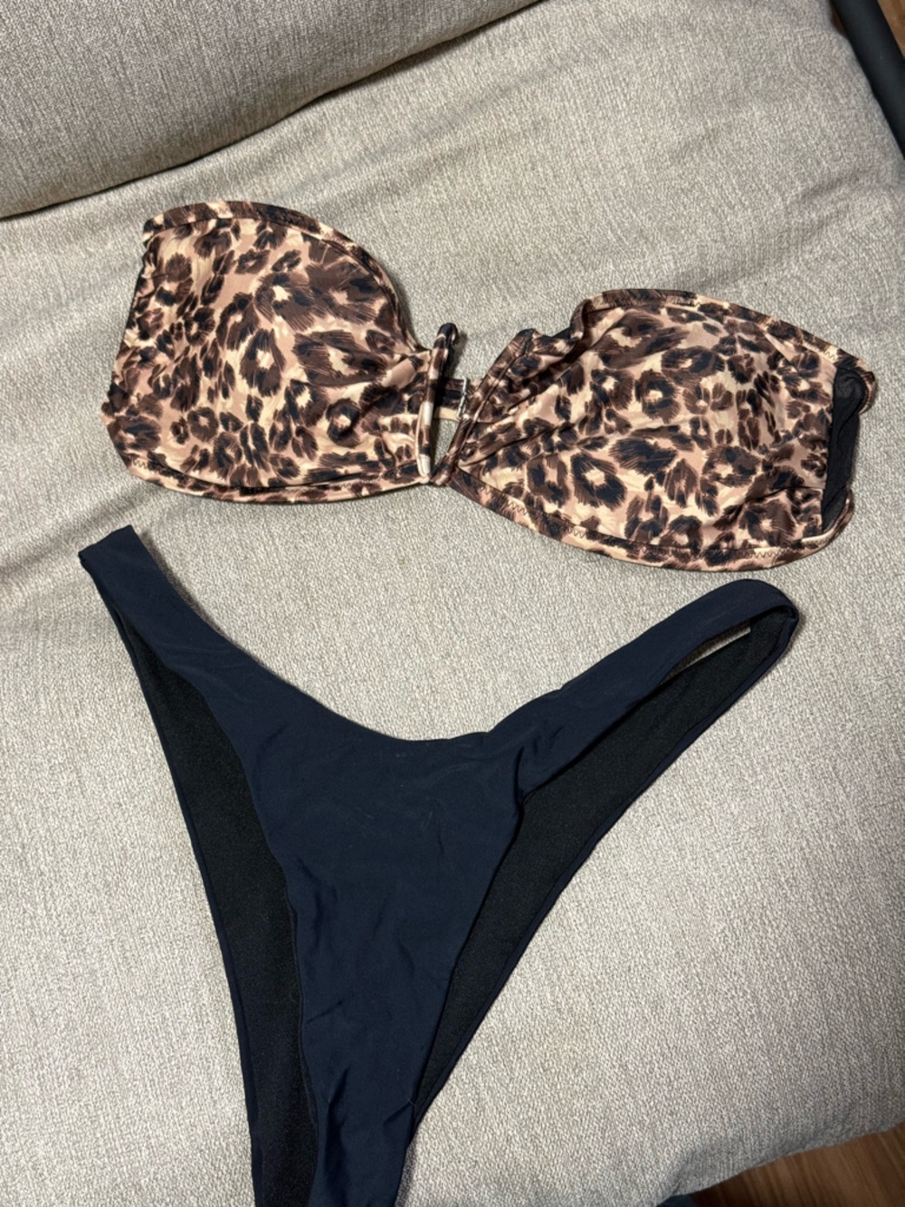aerie Leopard Bandeau Top with Black Bikini Bottom